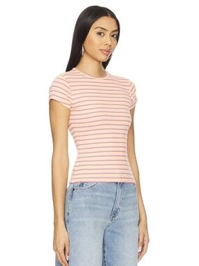 Lovers + Friends Peach Ribbed Short Sleeve Tee with Red and Lavender Stripes